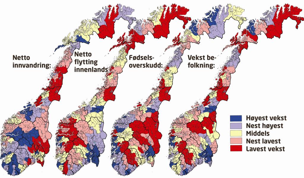 Kart med befolkningsendringer Figur 5: Komponenter i befolkningsendringer i perioden 2003-2007 i 83 regioner i Norge.