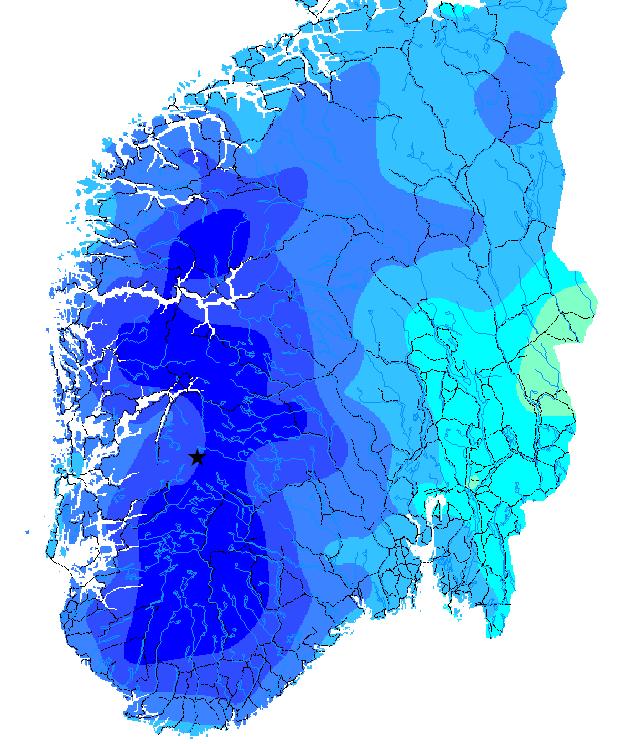 Nederste panel: månedsmiddel av nedbør, gitt i % av normalen for periodene   4 viser de