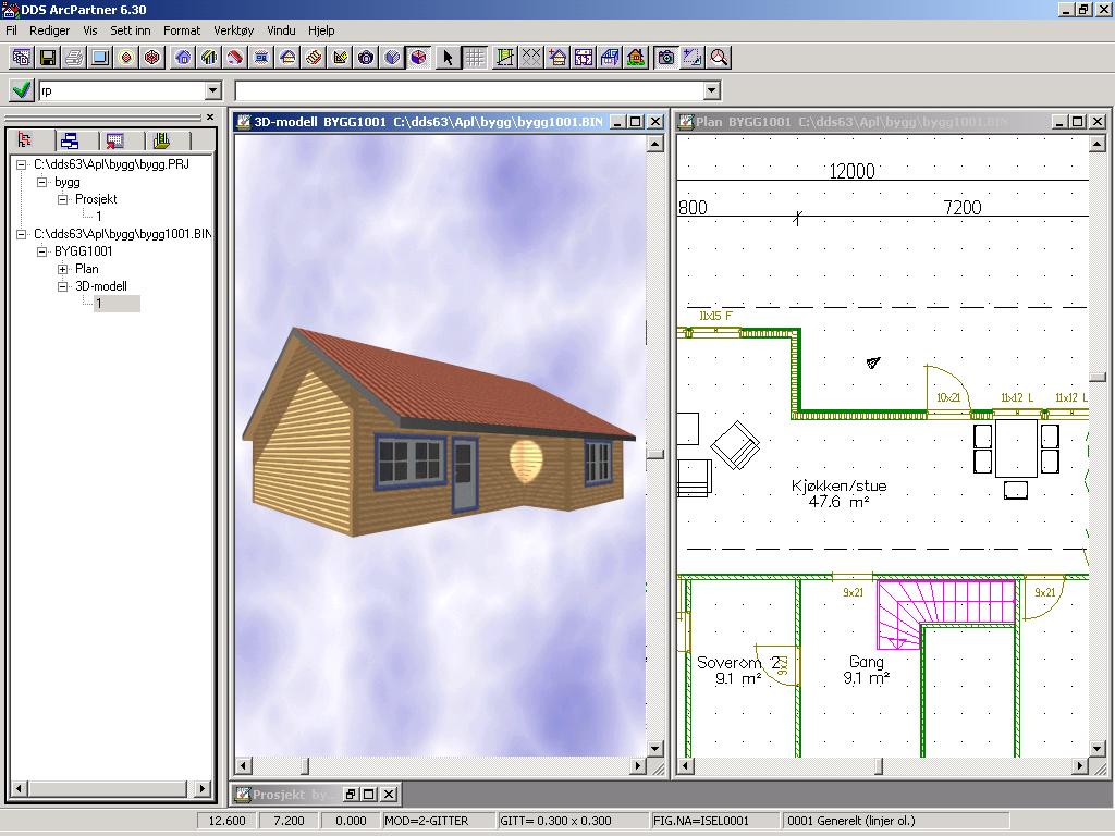 10... Kapittel 4 11.12.2008 Fotorealistisk fremstilling DDS-CAD 6.5 Både plan og perspektivmodell kan vises samtidig i skjermen.