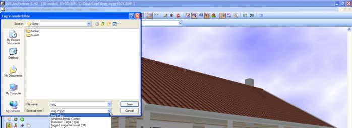 11.12.2008 Kapittel 4... 11 DDS-CAD 6.5 Fotorealistisk fremstilling Velg i hurtigmenyen Lagre renderbildet som fil Velg ønsket format i listen.