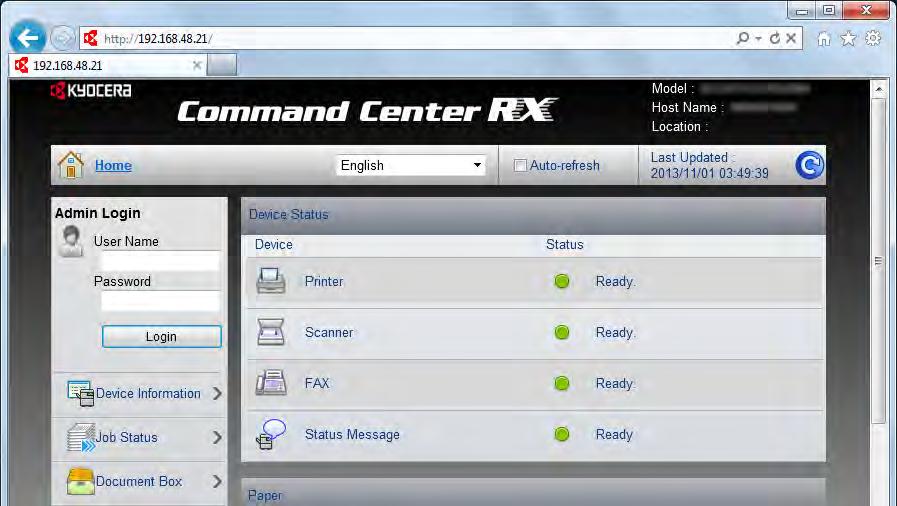 Installere og konfigurere maskinen > Command Center RX Tilgang Command Center RX 1 Vis skjermbildet. 1 Start nettleseren.