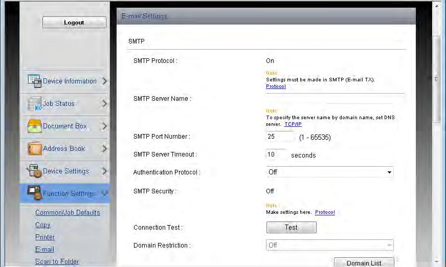 Installere og konfigurere maskinen > Command Center RX 3 Vis skjermbildet. Vis skjermbildet for e-postinnstillinger. Fra [Function Settings]-menyen, klikk på [E-mail].