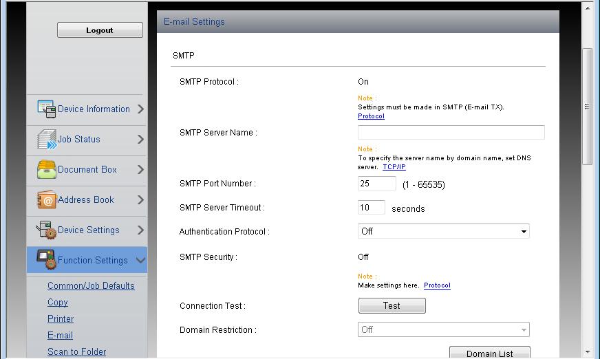 Installere og konfigurere maskinen > Command Center RX 3 Vis skjermen. Vis skjermbildet for e-postinnstillinger. Fra [Function Settings]-menyen, klikk på [E-mail]. 2 4 Konfigurere innstillingene.