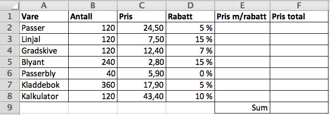 Bokmål Oppgave 5 En skole handler inn utstyr til matematikkundervisningen. Skolen får rabatt (avslag i pris) som vist i regnearket. Gjør ferdig regnearket ved hjelp av formler.