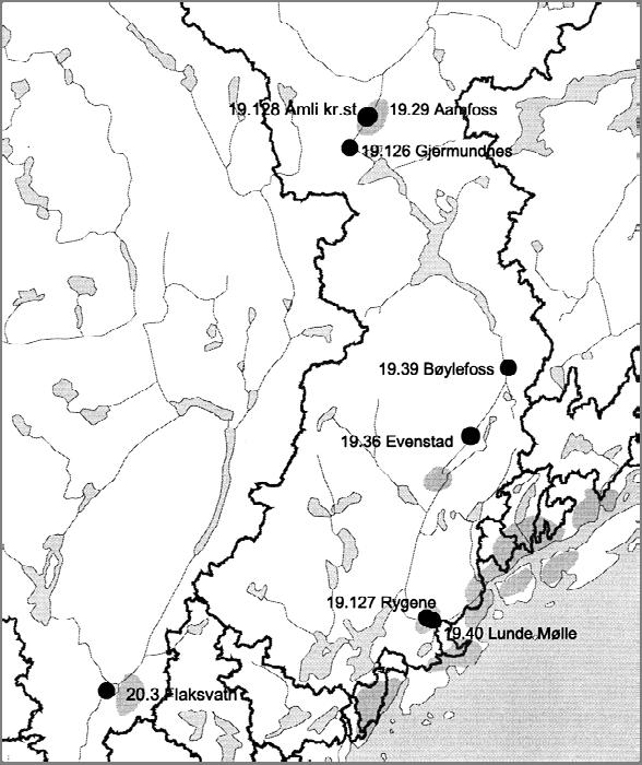 Tabell 1. Aktuelle hydrologiske målestasjoner. Målestasjon Feltareal, km 2 Dataperiode 19.107 Lilleelv 39,3 1983 dags dato 19.40 Lunde Mølle 3947 1900-1977 19.127 Rygene total 3946 1977- dags dato 19.