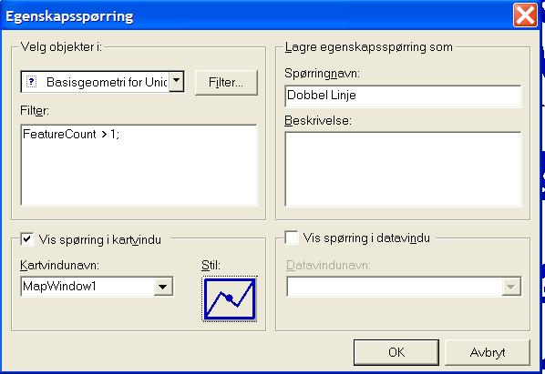 Spørring Dobbel Linje - viser doble linje-objekter Start Kommando Analyse/Egenskapsspørring. Velg objekter fra hjelpespørring Basisgeometri for Union linjer. Sett filter FeatureCount >1.