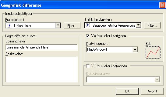 Spørring Linje mangler tilhørende Flate viser linjer som ikke er en del av en flate (flate mangler / finnes ikke). Start kommando Analyse/Geografisk differanse.