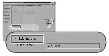 systemet for installering. Det gjør du ed å klikke på algknappen Eksisterende bruker og oppgi brukeren, eller du kan klikke på...-knappen og elge forekomsteieren.