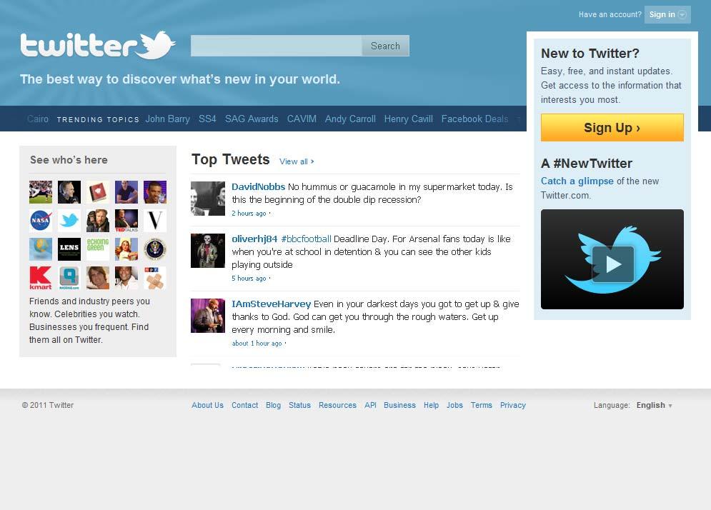 Twitter Adresse: http://www.twitter.com Beskrivelse Twitter er et amerikansk nettsamfunn som lar brukerne sende og lese andre brukeres oppdateringer (på engelsk kalt tweets).