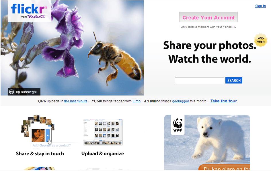 Flickr Adresse: http://www.flickr.com/ Beskrivelse Flickr er et nettsted hvor brukerne kan laste opp bilder og små videoklipp og dele dem med andre. Her kan man diskutere og kommentere bilder.