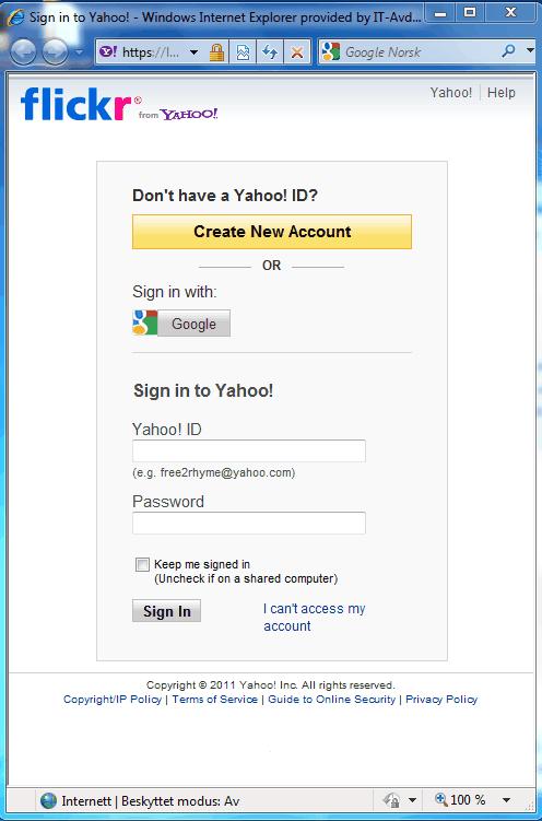 Hvordan kan jeg få en Flickr-konto? Hvis du har en Yahoo ID eller en Google-konto kan du logge deg inn på Flickr med disse. Hvis du ikke har noen av dem, kan du lage deg en Yahoo-konto. Det er gratis.