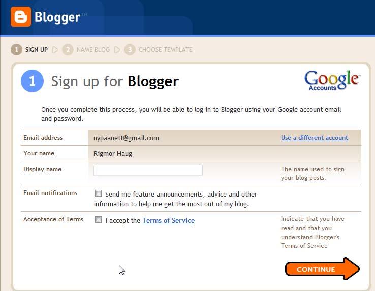 På det første steget må du velge hvilket navn du skal bruke når du blogger.