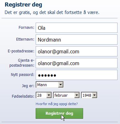 Klikk på Registrer deg når du har lagt inn dine personlige data.
