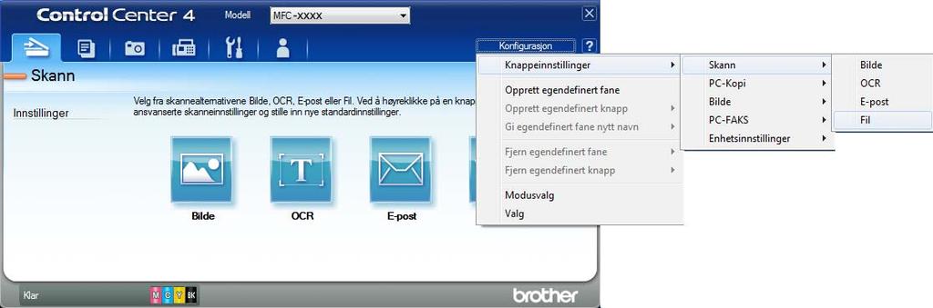 Slik skanner du til datamaskin e Angi skannekonfigurasjon. Klikk på Konfigurasjon, og velg deretter Knappeinnstillinger, Skann og Fil.