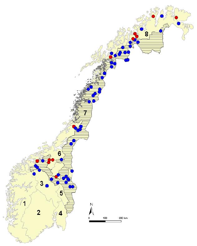 Geografisk fordeling av jerveynglingene på landsbasis i