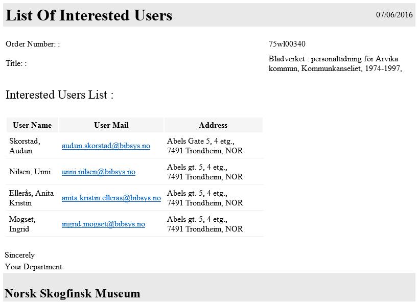 2. Velg Actions Print interested users for å få skrevet ut listen over sirkulanter: 3.