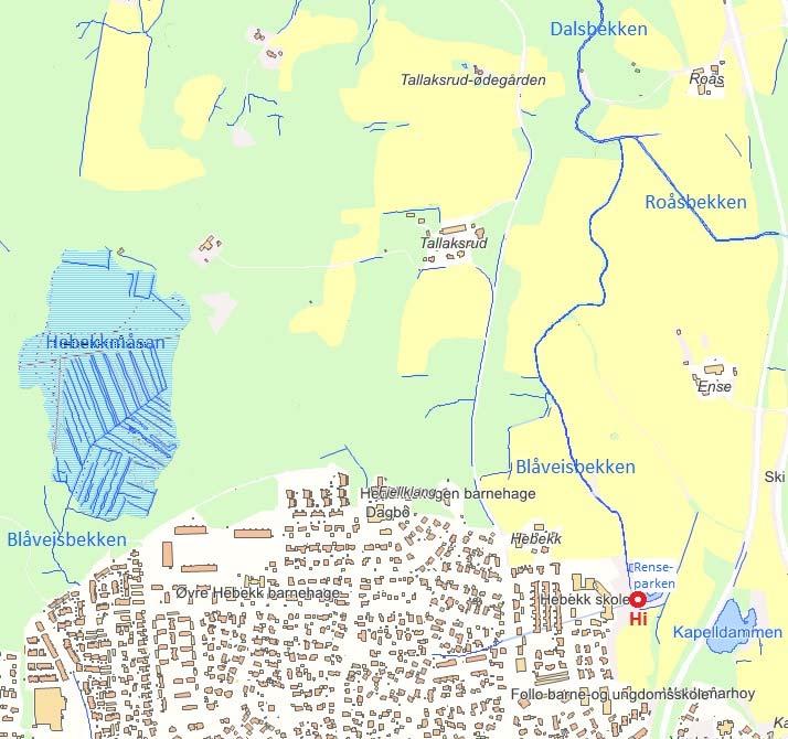 N Kilde: Follokart Figur 54. Lokaliteten til prøvetaking fra Blåveisbekken, utløp kulvert ved Hebekk skole før innløpet til renseparken (Hi). 6.2.