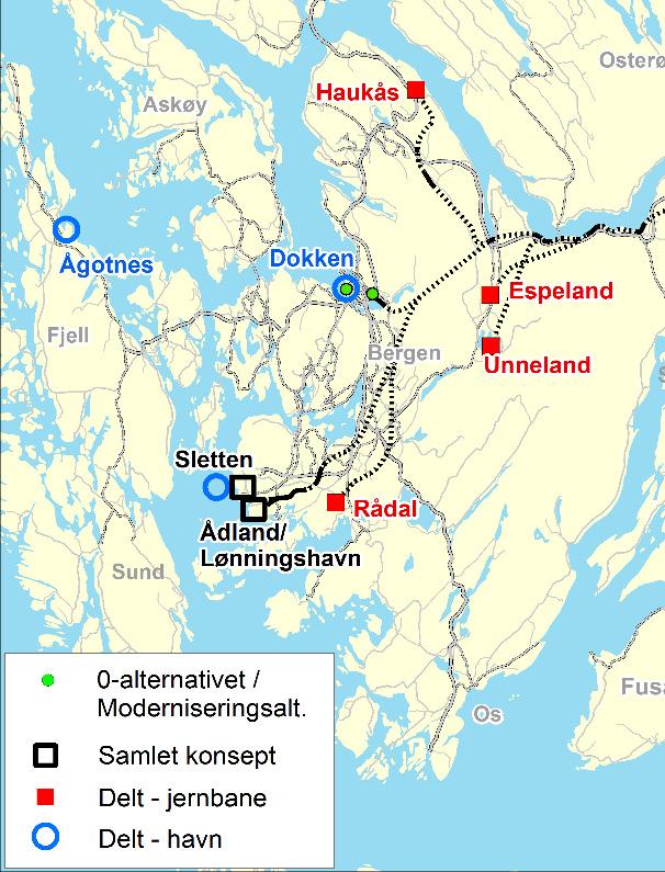 Videreførte konsepter og alternativer Konsept 0-alternativet Moderniseringskonseptet Samlet konsept Delt konsepthavn Delt konsept - jernbane