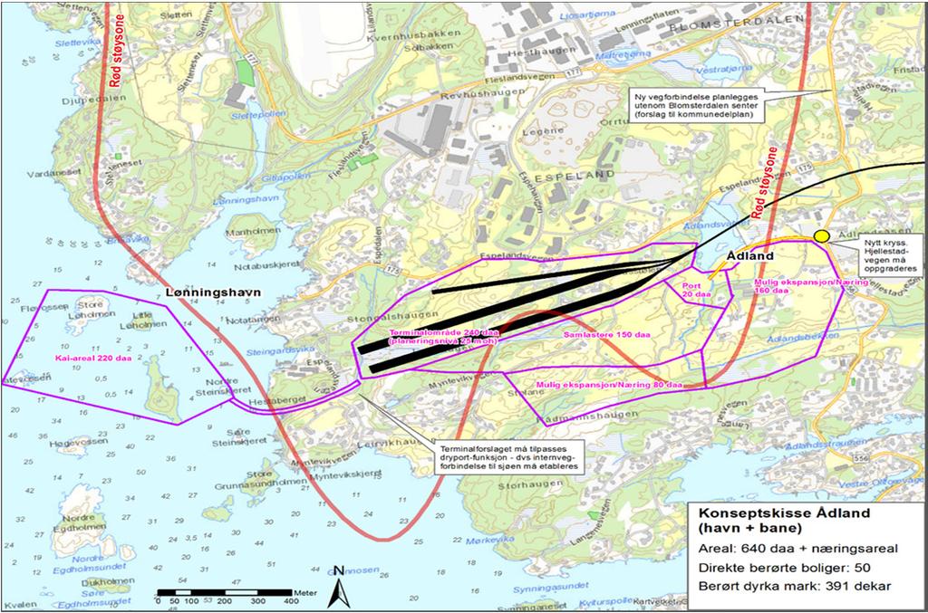 næringsområder Ligger i hovedsak i flystøysonen Samlet konsept er fordelaktig for transportaktørene som vil få én