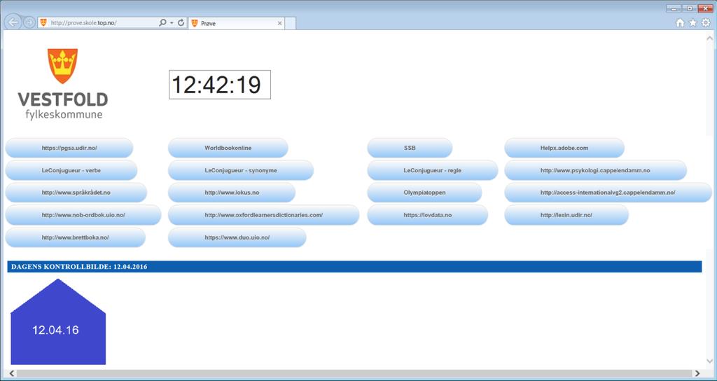 2. Sjekk at PC-en er i eksamensmodus Klikk på ikonet «Eksamen kontrollside» og du skal få opp et bilde som ligner det under. Her vil det være et nytt bilde for hver eksamensdag.