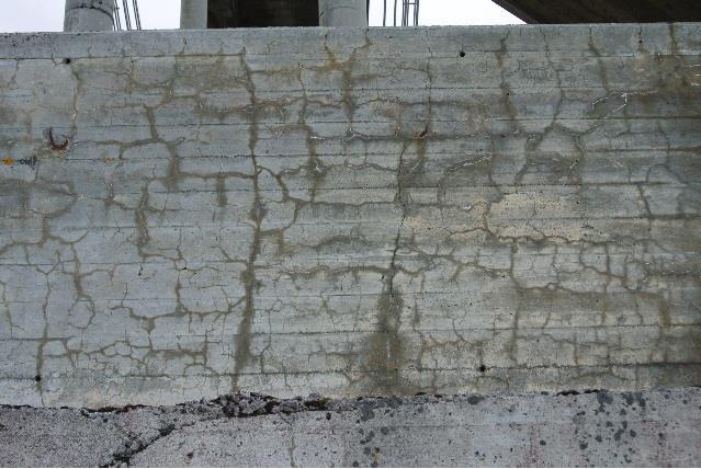7 2.1.3 Krakelering Det ble observert krakelering i betongen i søylen, fundamentet og betongkrysset i akse 1. Krakelering oppstår når det forekommer alkaliereaksjoner i betongen.