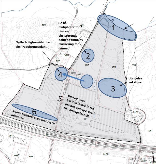 5 (14) Ill. 2: Illustrasjon som viser mulig disponering av tomten. Tiltaksområdebetegnelsene angir områder som endres fra dagens situasjon.