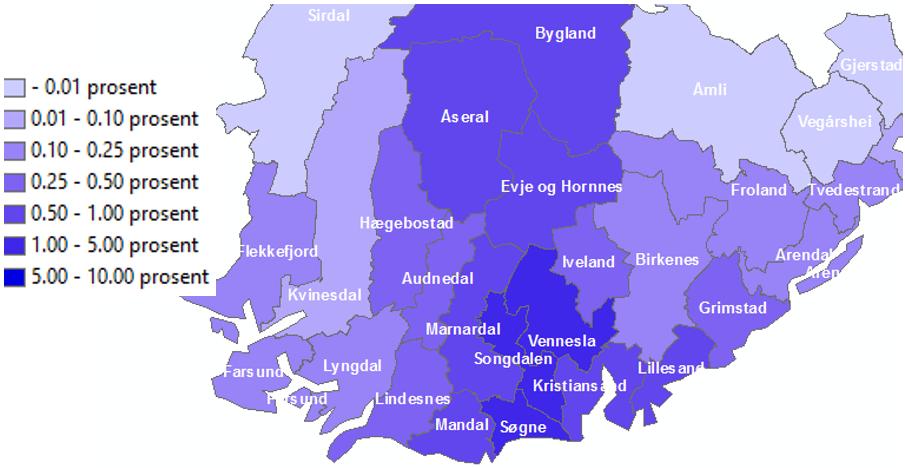 4.1 E39 Ytre ringveg - Kristiansand vest 4.1.1 Agglomerasjonsvirkninger Tettheten øker mest for områdene vest for Kristiansand, og mest for kommunene som ligger nærmest planområdet, se Figur 4.1. Det er likevel relativt små utslag i tettheten, se Tabell 4.