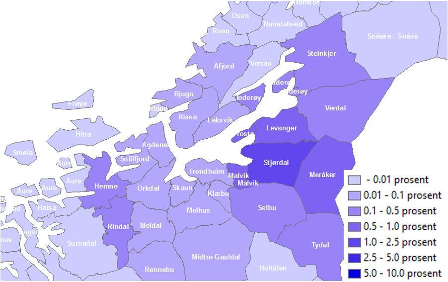 4.7 E6 Ranheim - Værnes 4.7.1 Agglomerasjonsvirkninger Tettheten øker mest innad i og øst for planområdet, i kommunene Stjørdal, Meråker, Frosta, Malvik og Levanger.