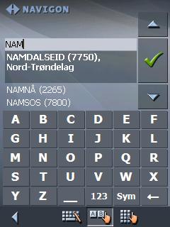 Eksempel Eksempel: Søke etter stedet NAMSSKOGAN. 1. Trykk på knappen Destinasjon i HOVEDMENYEN. Skjermbildet ANGI DESTINASJON åpnes. 2. Trykk på Adresse-knappen.