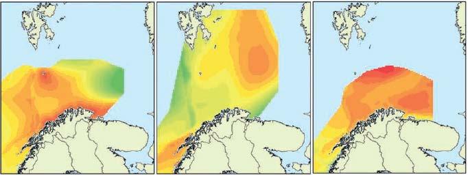 Figur 8. Utbredelse av krykkje (øverst) og lunde i åpent hav i henholdsvis sommer, høst og vinter. Kilde: Meld. St. 10 (2010-2011) / Data fra NINA/SEAPOP.