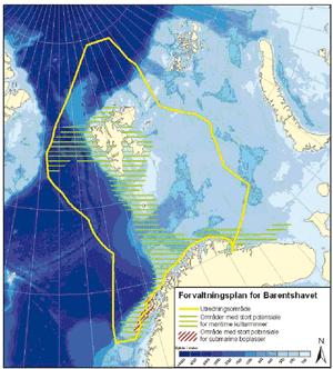 Figur 9. Oversikt over områder med størst sannsynlighet for funn av marine kulturminner (skravert med grønt) (fra St.Meld. nr. 8 (2005-2006)). 2.