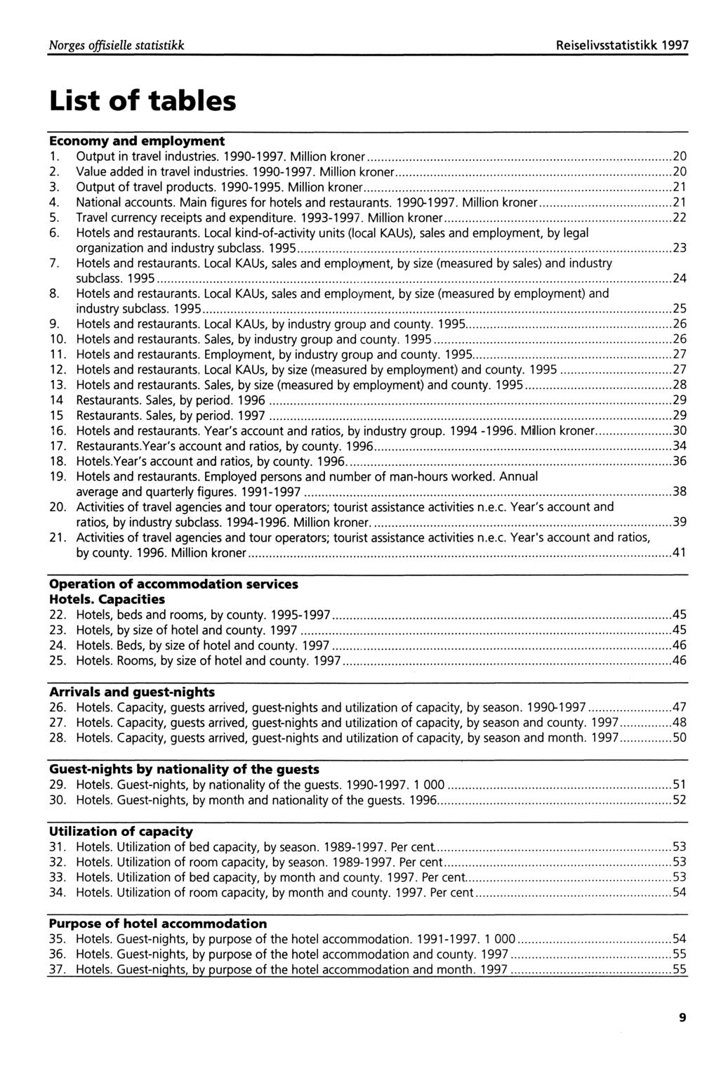 Norges offisielle statistikk Reiselivsstatistikk 1997 List of tables Economy and employment 1. Output in travel industries. 1990-1997. Million kroner 20 2. Value added in travel industries. 1990-1997. Million kroner 20 3.