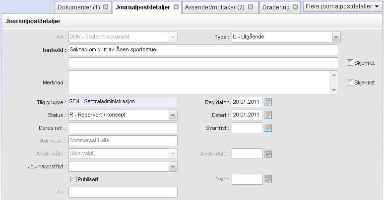 116 Arbeide med eksisterende journalposter Gjør utilgjengelig for portal Åpner en dialogboks hvor du kan velge å fjerne dokumentene for denne journalposten fra portal. Se beskrivelse i kapittel 15.5.8.