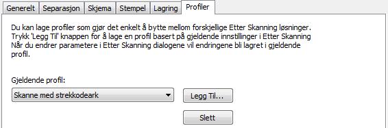 Skanning 155 Når du skal gjøre en bunkeskanning med strekkodeark velger du denne profilen. Legg merke til at du må hake av for Bruk samt velge profil før du klikker grønn startknapp. 11.