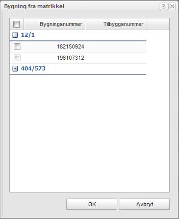 162 Arbeide med byggesaker 12.4.4 Bygning fra matrikkel Dette valget henter alle bygninger fra matrikkelen som er registrert på byggesakens eiendommer. 12.4.5 Ny adresse Her registrerer du tiltakets Adresse (må fylles ut), Postnr.