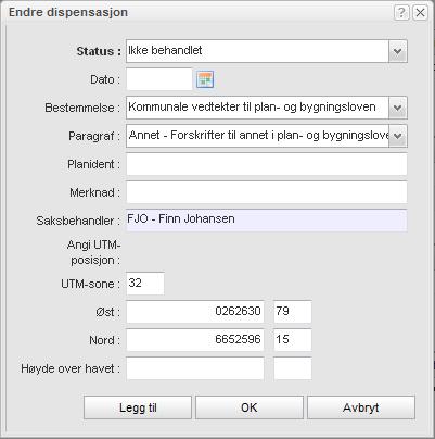 Arbeide med byggesaker 163 Status Feltet benyttes for å angi status for dispensasjon. Tillatte alternativer, f.eks. Ikke behandlet eller Godkjent, velges fra en nedtrekksliste.