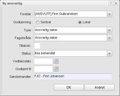 166 Arbeide med byggesaker 12.6.2 Ny ansvarlig Klikk Ny ansvarlig for å legge inn nye ansvarlige. For å få registrert en ny ansvarlig, må det finnes relevante foretak som en part for denne saken.