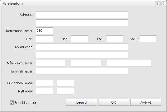 Arbeide med delingssaker 181 Fyll inn nødvendige felt. Adresse Eiendomsadresse for bygget; to felt. Kommunenummer Feltet blir automatisk fylt ut med nummeret til din kommune, men det kan endres.