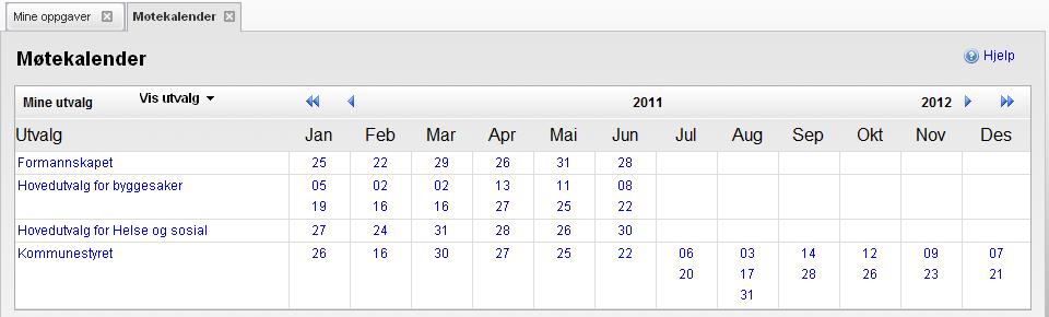 184 Arbeide med møter 15.2 Møtekalender Du åpner møtekalenderen under Utvalg i navigeringsområdet. Kalenderen åpner med å vise inneværende måned, de to foregående måneder og ni måneder framover.