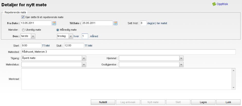 Arbeide med møter 187 Feltene for repeterende møter er: Gjør dette til et repeterende møte Her haker du av hvis møtet skal være repeterende.