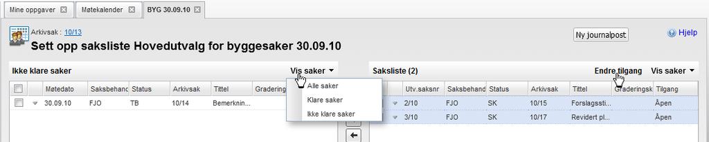 Da får du opp et vindu som viser de mulige utvalgssakene (Saker til behandling) til venstre, og gjeldende saksliste til høyre.