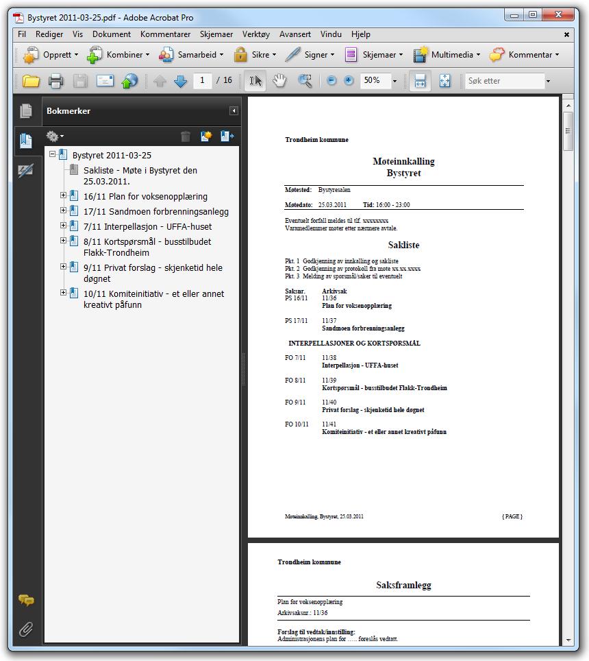 220 Papirløse møter Som du ser så er Adobe Reader vinduet splittet i to.