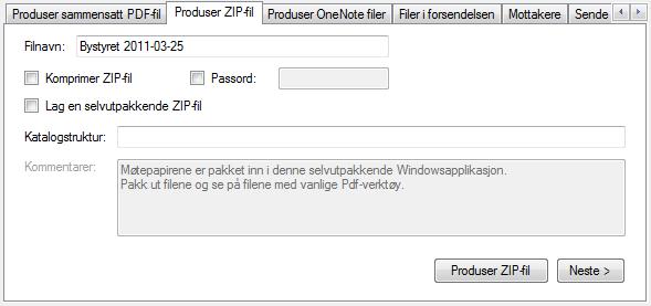 Papirløse møter 221 16.4 Produser ZIP-fil Klikk Neste, evt. fanen Produser ZIP-fil. Dette bildet benyttes for å pakke de valgte filene inn i en ZIP-fil.