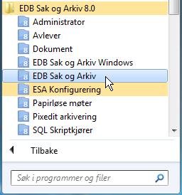 Dette er EDB Sak og Arkiv 23 Alternativt kan du klikke Start-knappen nederst til venstre på skjermen, velge Programmer, programgruppen EDB Sak og Arkiv, og til slutt EDB Sak og Arkiv (denne menyen