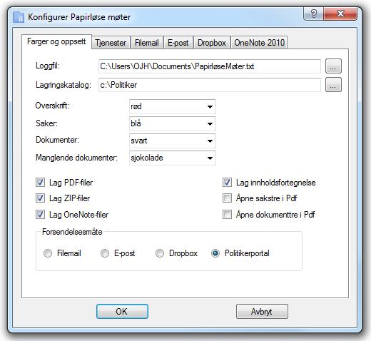 232 Papirløse møter Du får fire faner hvor du kan sette opp parametre. 16.12.1 Farger og oppsett Loggfil angir en fil som skal brukes for å lagre informasjon om det som er gjort i programmet.