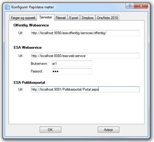 234 Papirløse møter Angi URL-adresse til de offentlige webservicene og URL-adresse, brukernavn og passord for de vanlige webservicene.