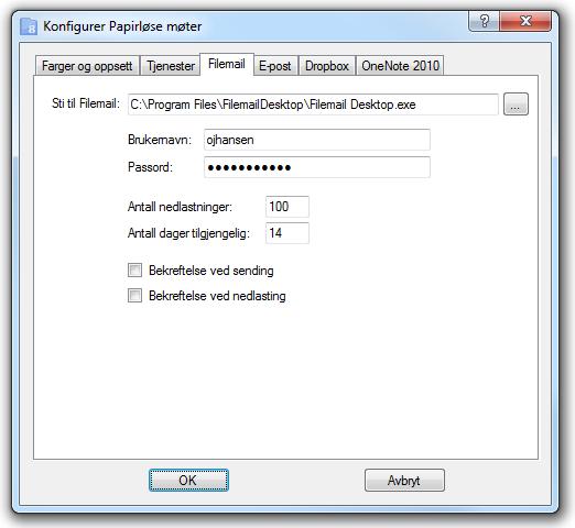 Papirløse møter 235 Angi stien til programmet Filemail Desktop.exe. Det ligger normalt på C:\Programfiler\FilemailDesktop (hvis du har norsk Windows).