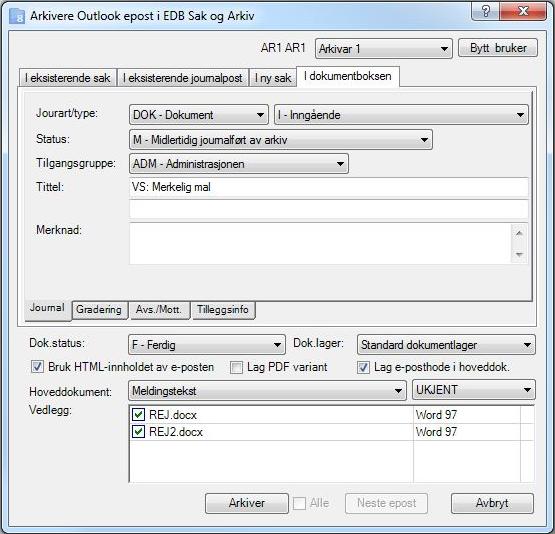 Arkiv-plugin 243 17.2.3 Microsoft Outlook Du kan arkivere innkommende e-post direkte i fra innboksen. Velg én eller flere e- poster og klikk Arkiver nytt i arkivet under fanen EDB Sak og Arkiv.