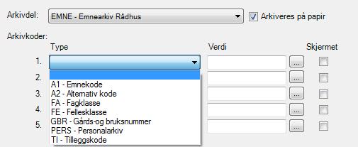 Arkiv-plugin 255 Velg arkivdel og hak av om det skal arkiveres på papir (begge feltene vil ha standardverdier). Arkivkoden med nummer 1 er primærkoden.