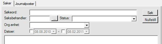 8.1 Saker Fanen for å søke fram saker inneholder følgende felt: Tast inn søkeverdier i ett eller flere felt og klikk Søk for å finne saker som passer til søkeverdiene.